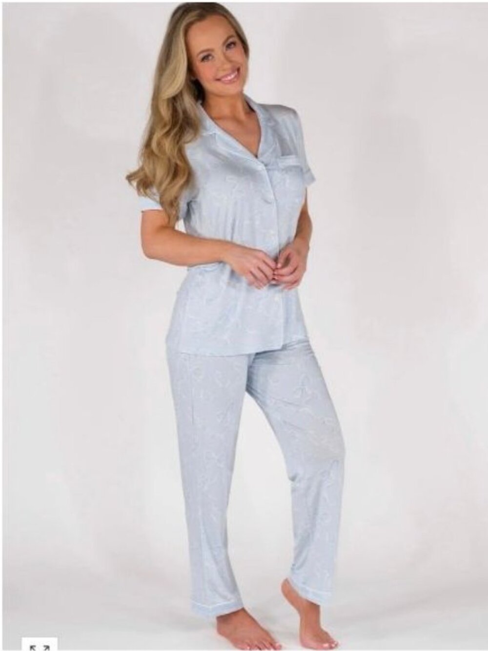 In My Sundays Heirloom Bows Sky Blue Pajama Set XL Tencel Button Front Lounge